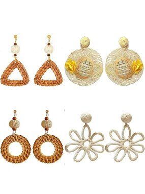 4 Pairs Bohemian Rattan Earrings